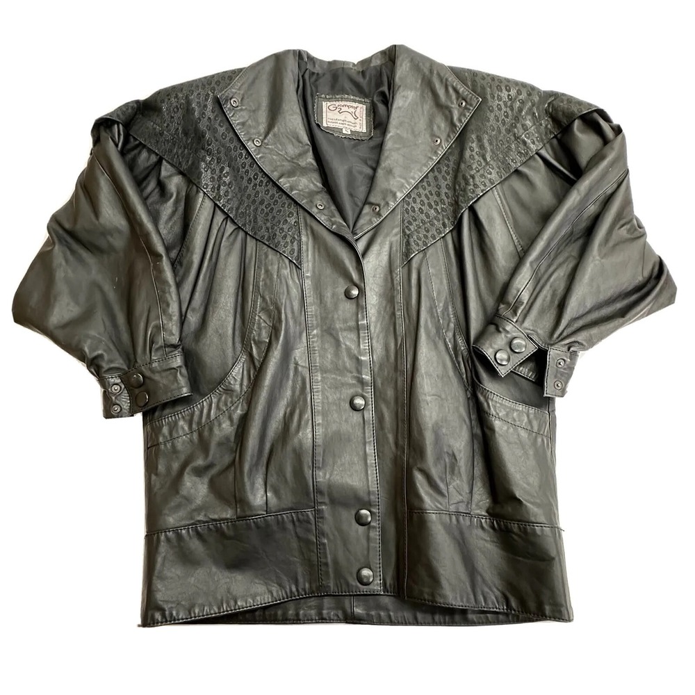 Glampier Vintage Womens Black Leather Snap Button Animal Print Yoke Jacket Small